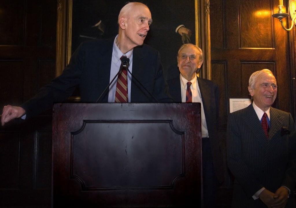 Phillips receiving Gegrapha's Jacob Riis Award. Right: Art Gelb, former managing editor of The New York Times; and Gay Talese, writer.